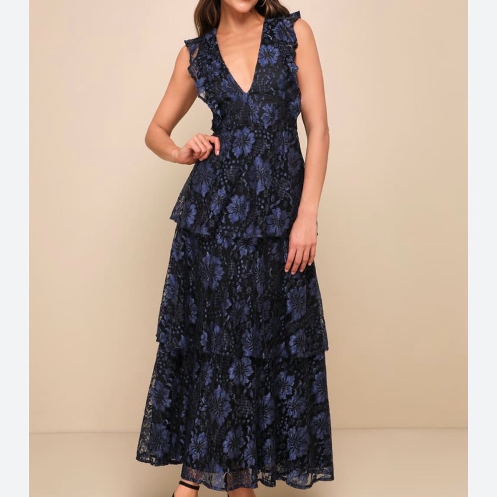 Lulus Molinetto Navy Blue Lace Ruffled Tiered Sleeveless Maxi Dress.
